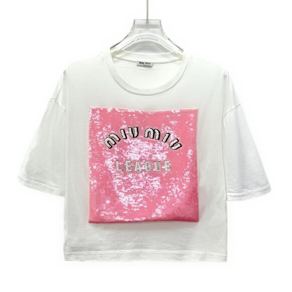 Miu Miu White Logo Sequined Cotton Round Neck Short Sleeve T-Shirt Size L Made I